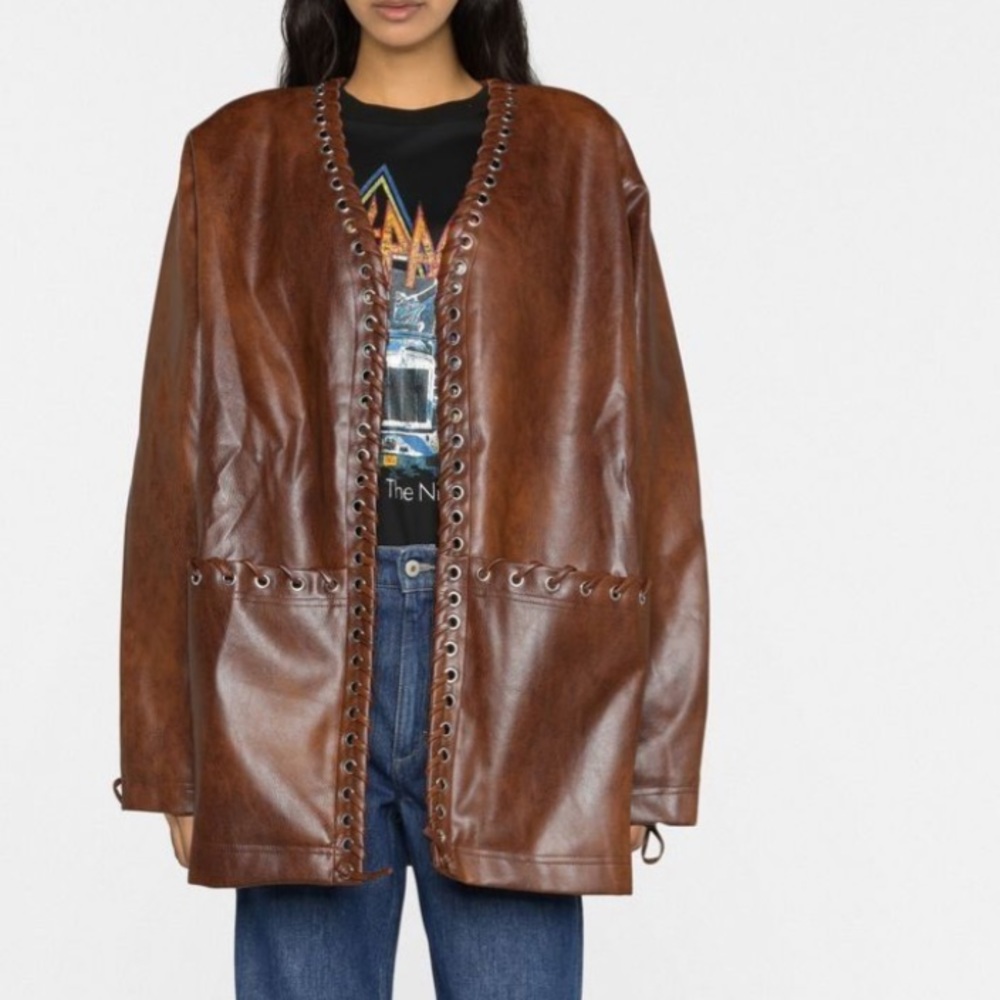 Rotate Birger Christensen Eyelet Whipstitch Faux Leather Brown Coat